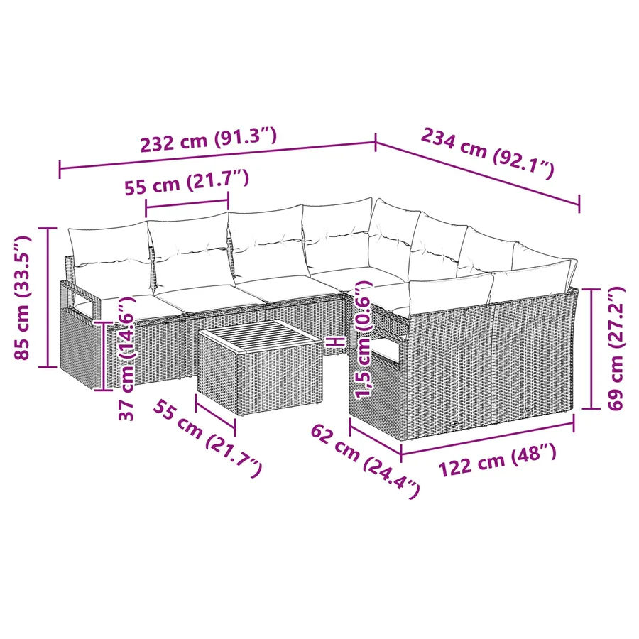 Ensemble de canapé de jardin avec coussin 9 pcs Noir polyrotin - 9