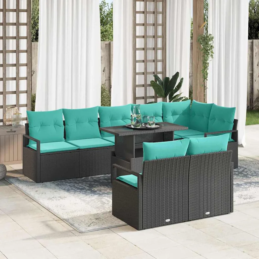Ensemble de canapé de jardin 9 pcs Noir et Bleu polyrotin