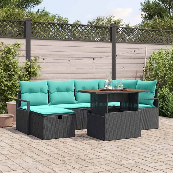 Ensemble de canapé de jardin avec coussin 7 pcs Noir polyrotin