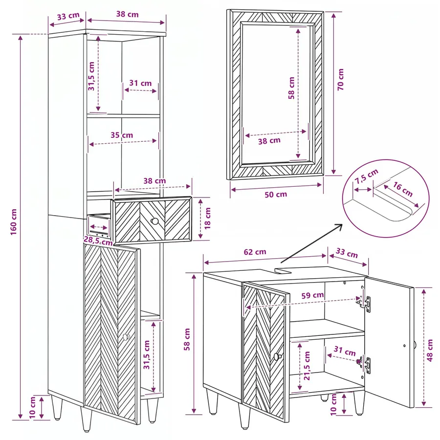 Ensemble de Meubles de Salle de Bain avec tiroir 3 pcs - 16