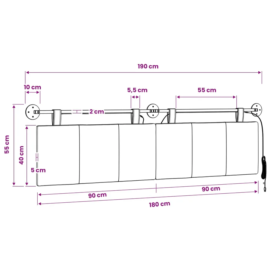 Tête de lit suspendue Avec lumière LED Rose Tissu - 13