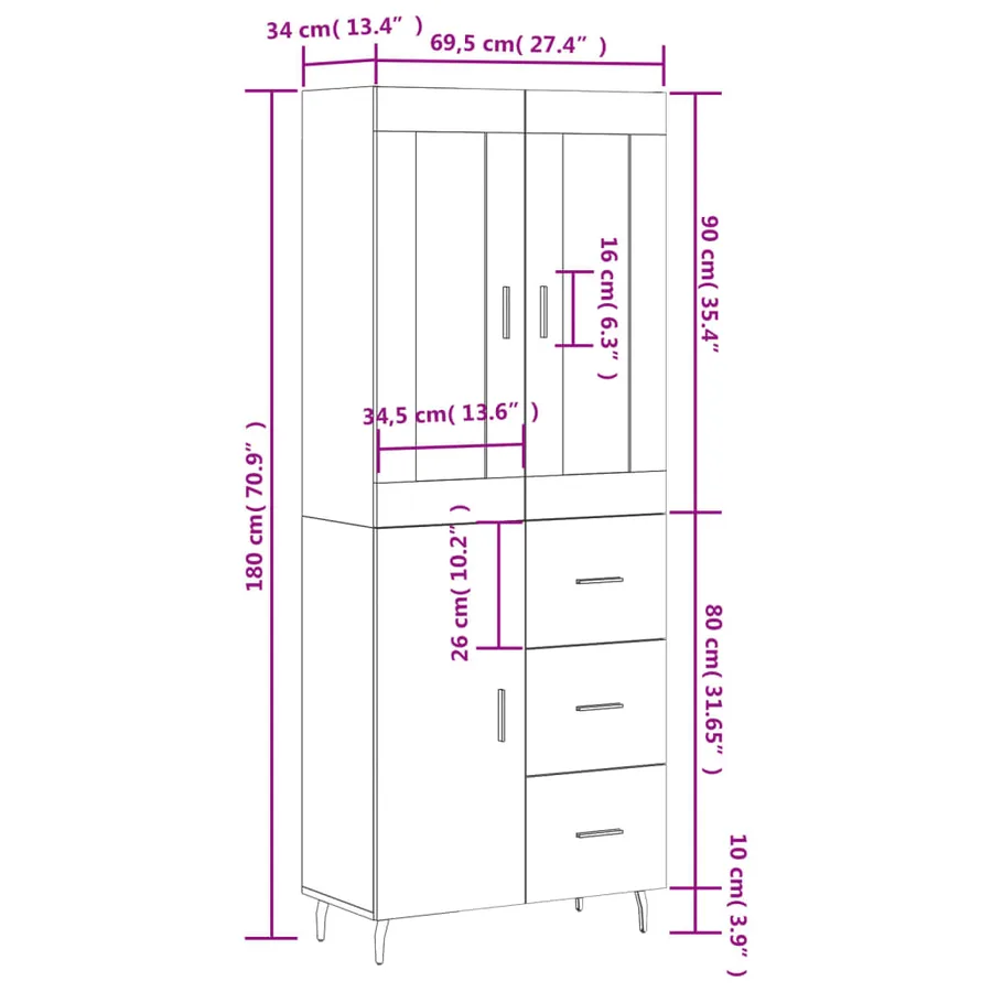 Buffet haut Blanc 69,5x34x180 cm Bois d'ingénierie - 14