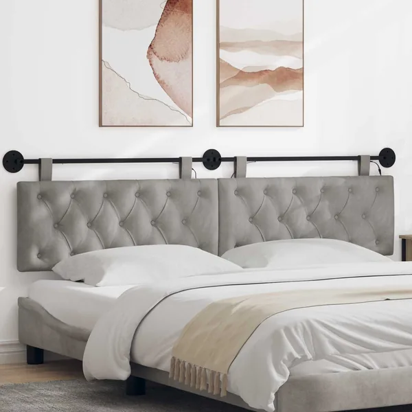 Tête de lit suspendue Avec lumière LED Gris clair Velours