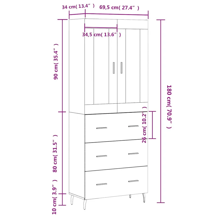 Buffet haut Blanc 69,5x34x180 cm Bois d'ingénierie - 13
