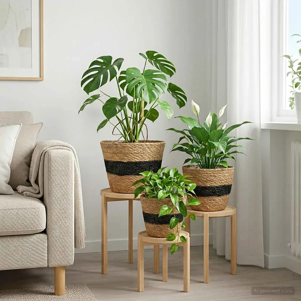 Paniers à plantes en herbe de mer 3 pcs Naturel et noir