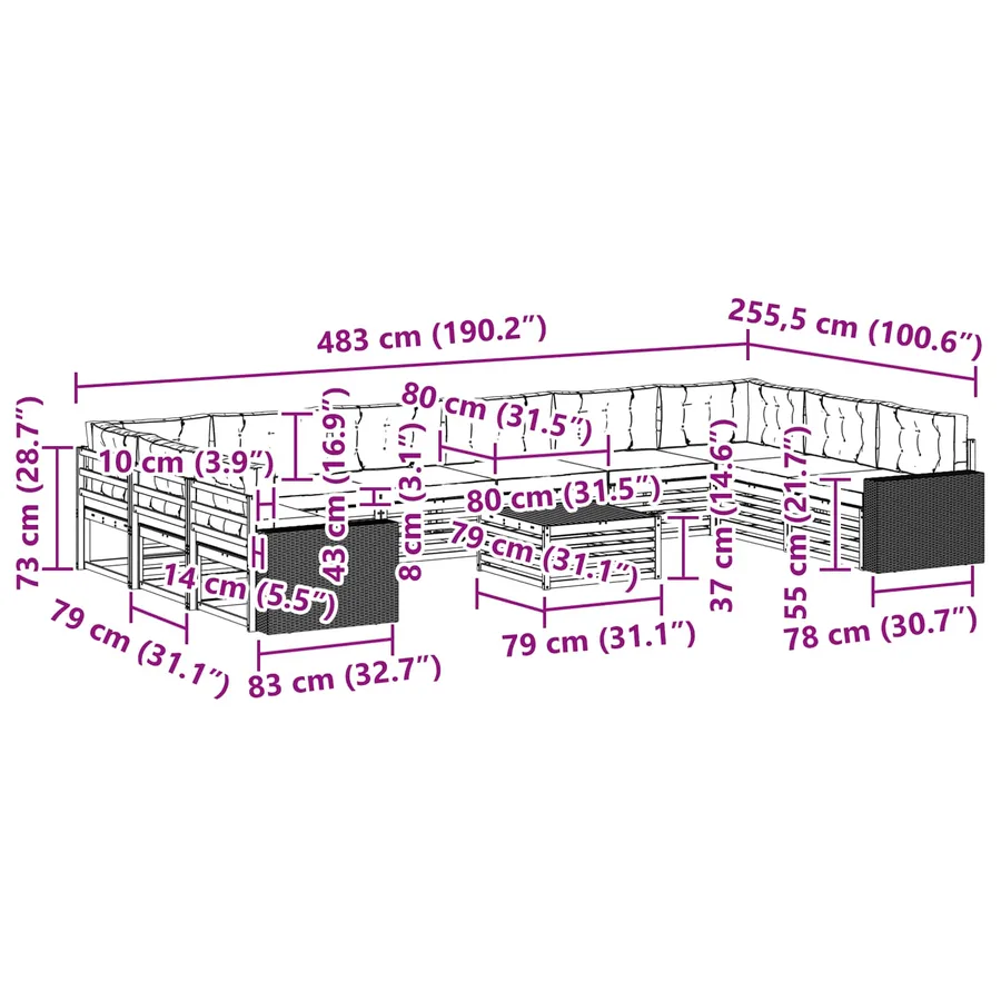 Ensembles de canapés avec coussin 11 pcs Bois d'Acacia Massif - 8