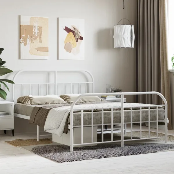 Cadre de lit métal sans matelas et pied de lit blanc 140x200 cm