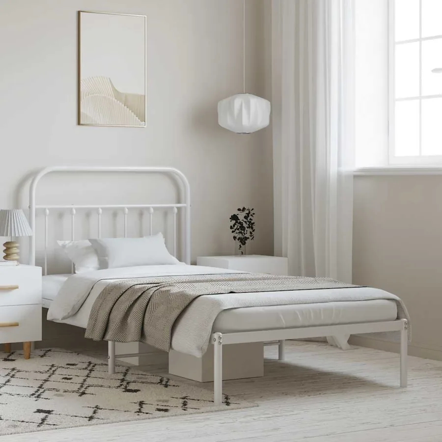 Cadre de lit métal sans matelas et tête de lit blanc 100x190 cm