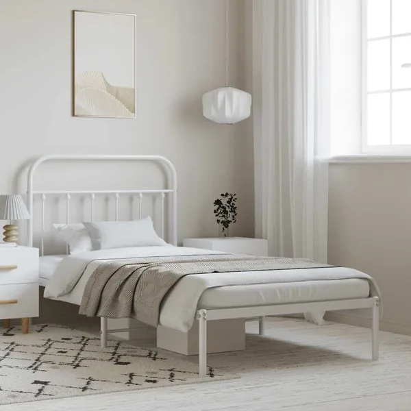 Cadre de lit métal sans matelas et tête de lit blanc 100x190 cm