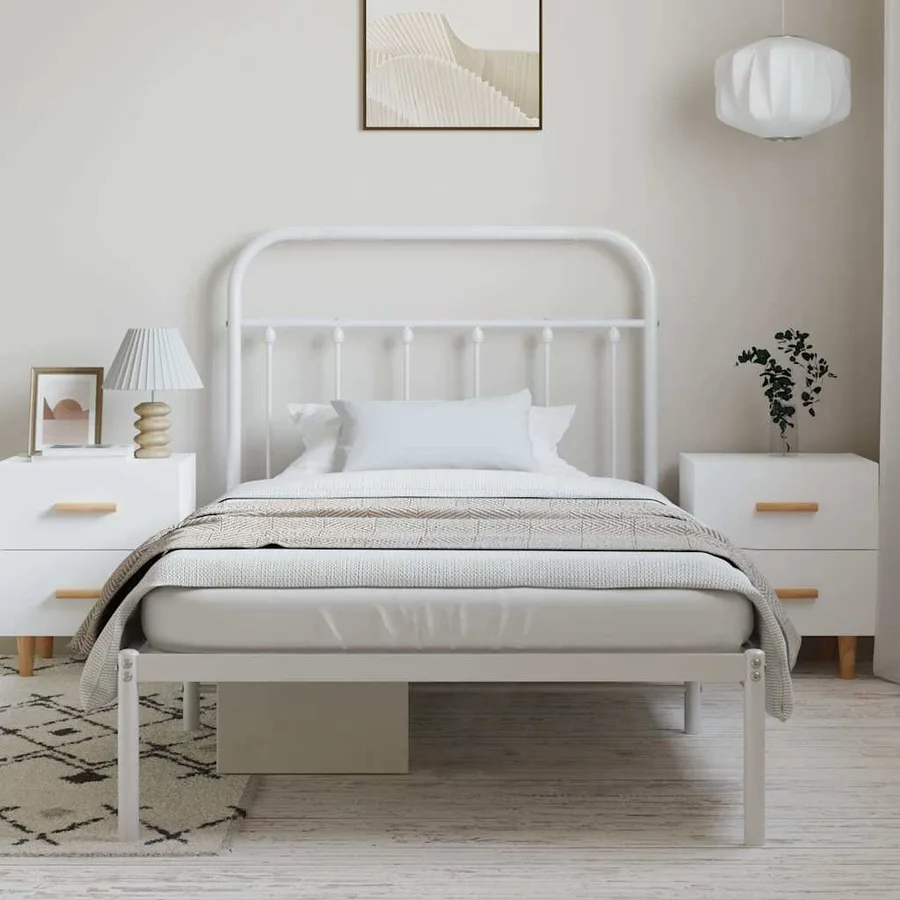 Cadre de lit métal sans matelas et tête de lit blanc 100x190 cm - 3