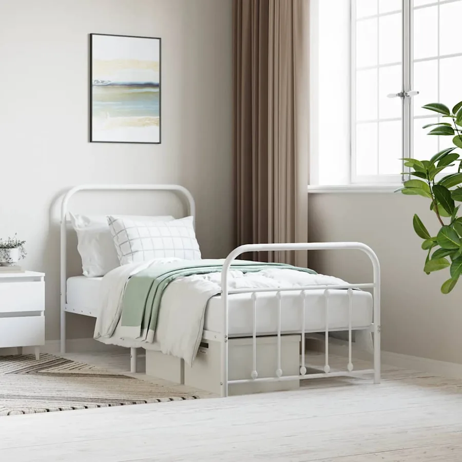 Cadre de lit métal sans matelas avec pied de lit blanc 90x190cm