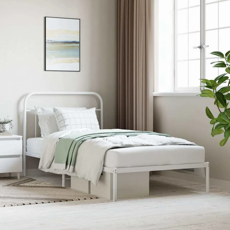 Cadre de lit métal sans matelas et tête de lit blanc 107x203 cm