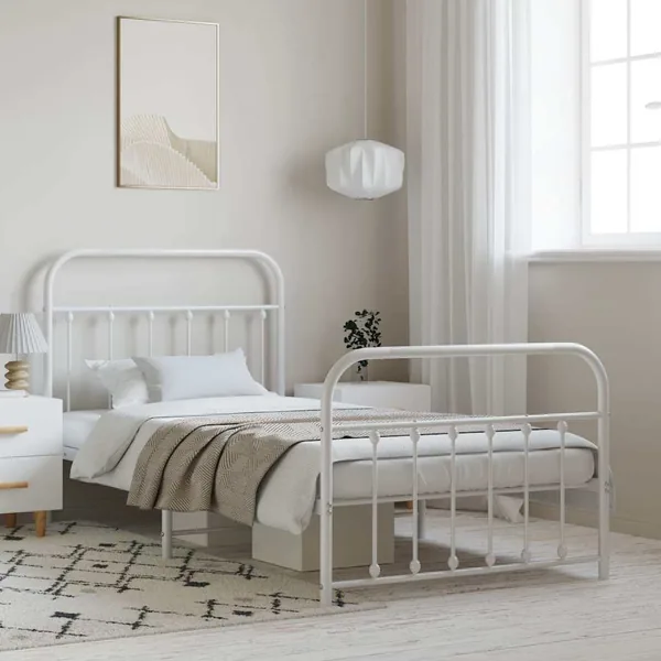 Cadre de lit métal sans matelas et pied de lit blanc 100x200 cm