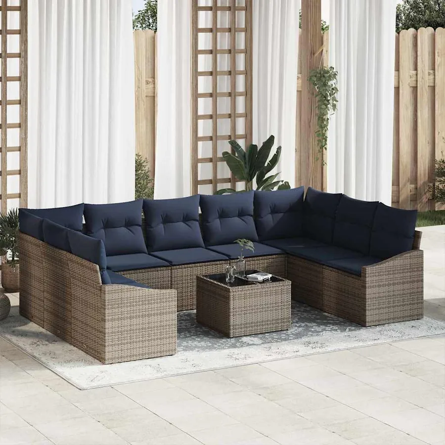 Ensemble de canapé de jardin 10 pcs Gris et marine polyrotin