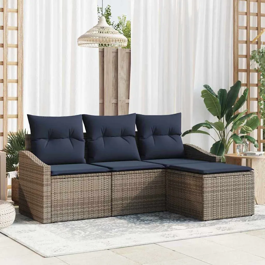 Ensemble de Canapés avec coussin 4 pcs Gris et marine polyrotin