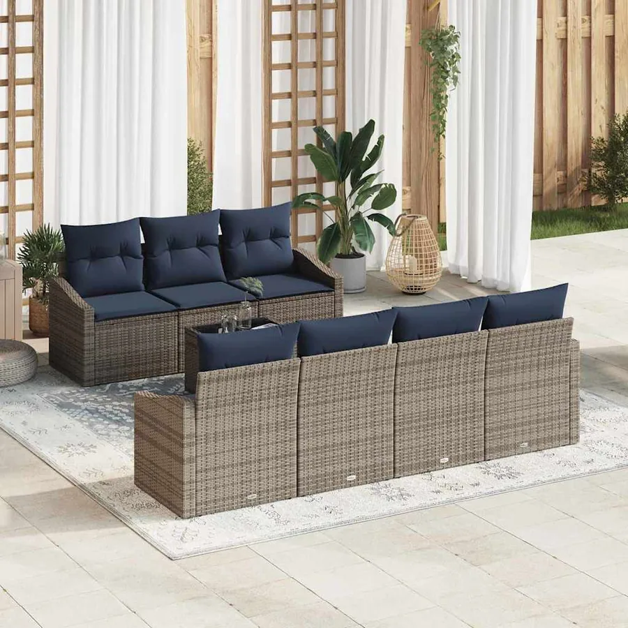 Ensemble de Canapés avec coussin 8 pcs Gris et marine polyrotin