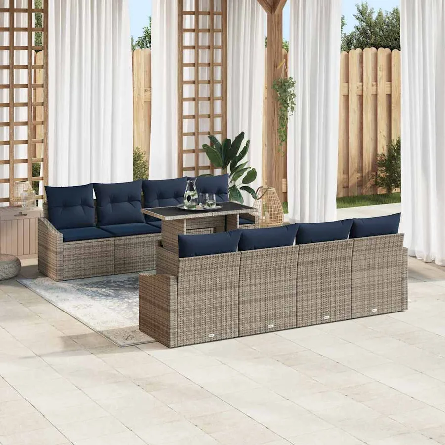 Ensemble de canapé de jardin avec coussin 9 pcs Gris polyrotin - 3