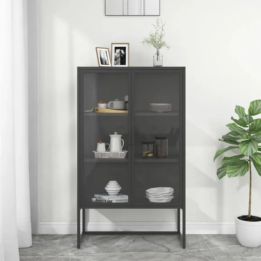 Buffet haut Anthracite 80x35x135 cm Acier et verre trempé