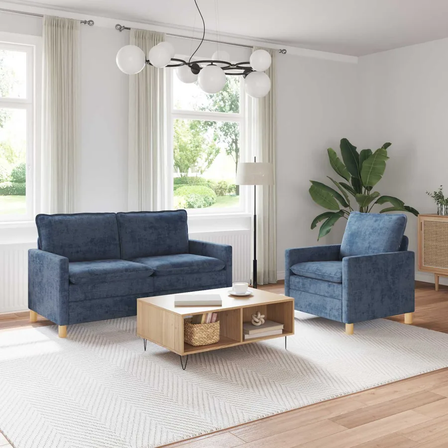 Ensemble de Canapés 2 pcs Bleu Polyester