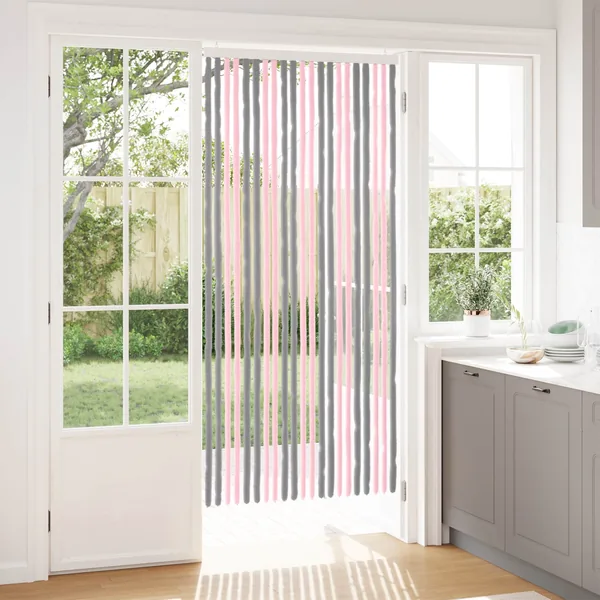 Rideau anti-insectes en chenille Gris Argent et Rose