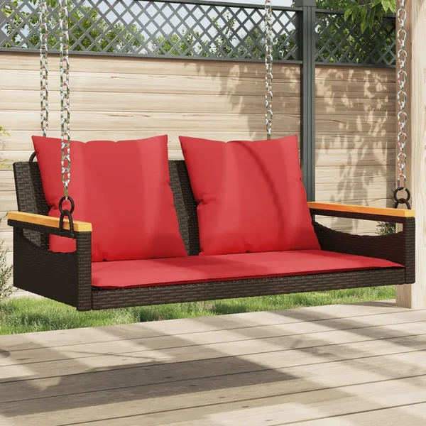 Balancelle avec coussins marron 109x62x40 cm résine tressée