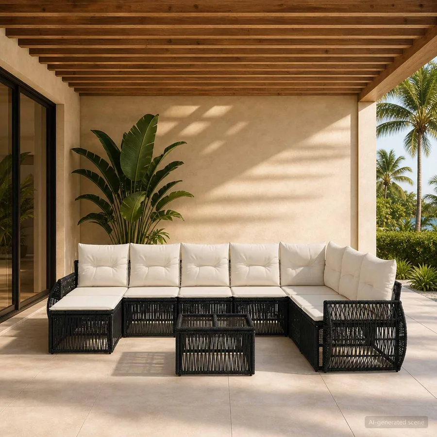 Ensemble de canapé de jardin 9 pcs Noir et blanc crème