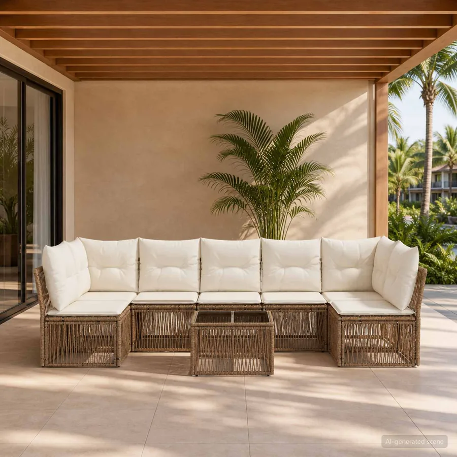 Ensemble de canapé de jardin 8 pcs Beige polyrotin