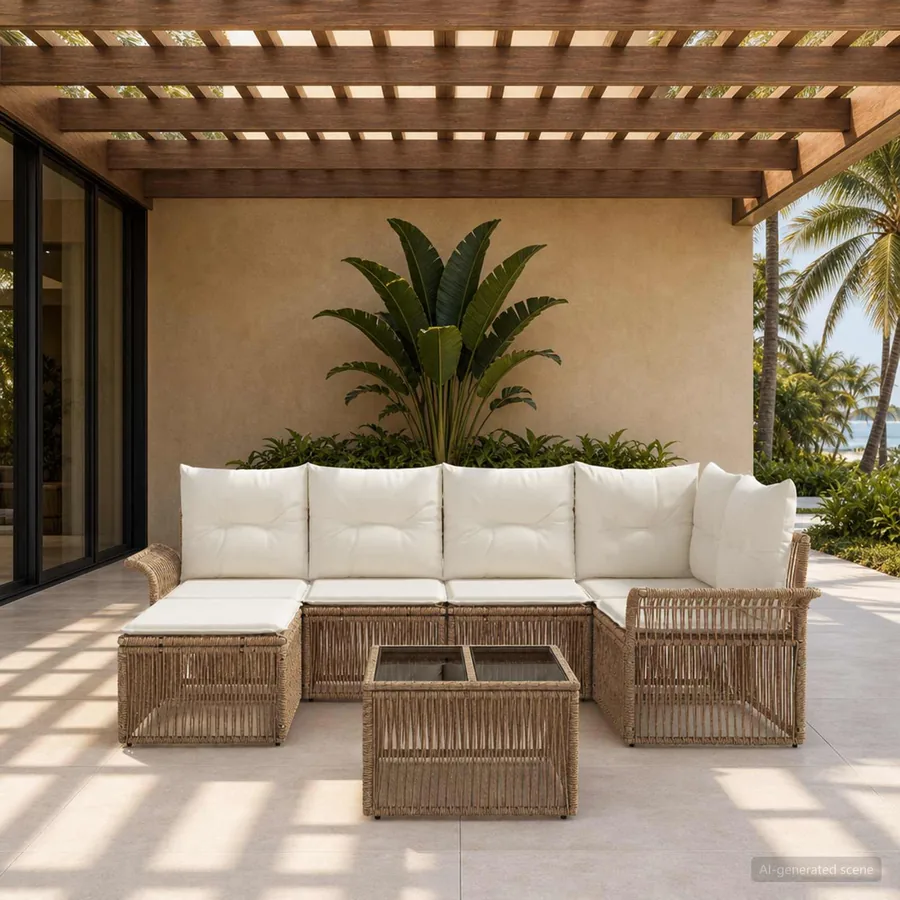 Ensemble de canapé de jardin 7 pcs Beige polyrotin