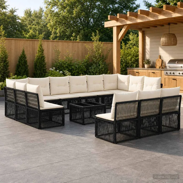 Ensemble de canapé de jardin 14 pcs Noir polyrotin