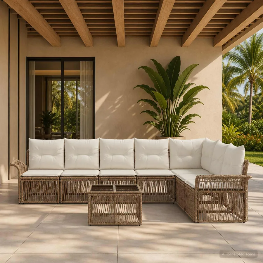 Ensemble de canapé de jardin 8 pcs Beige polyrotin