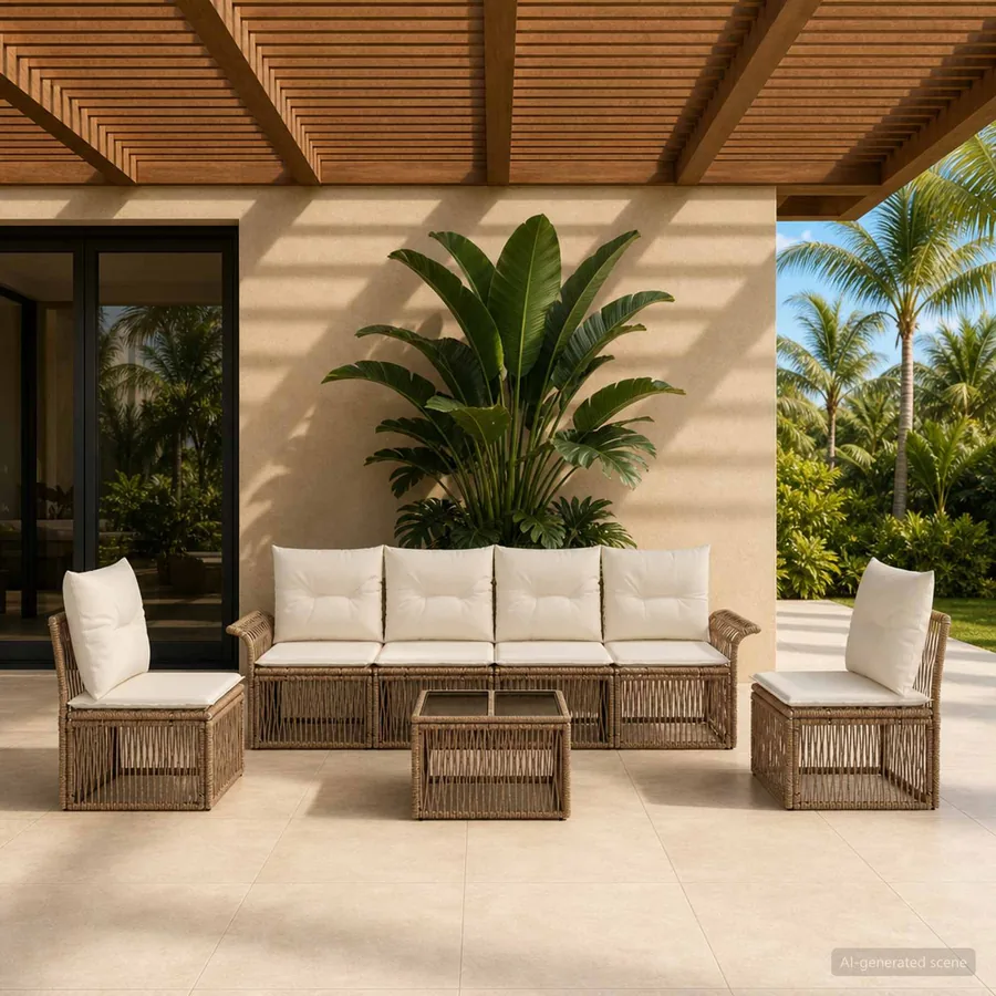 Ensemble de canapé de jardin 7 pcs Beige polyrotin