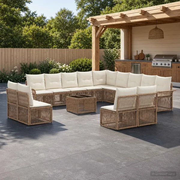 Ensemble de canapé de jardin 14 pcs Beige polyrotin
