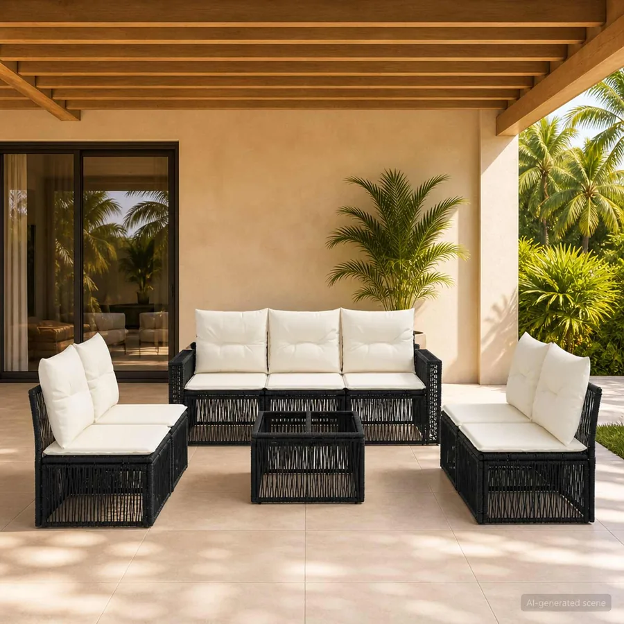 Ensemble de canapé de jardin 8 pcs Noir et blanc crème