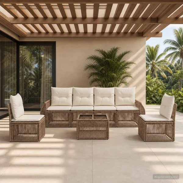 Ensemble de canapé de jardin 7 pcs Beige et blanc crème