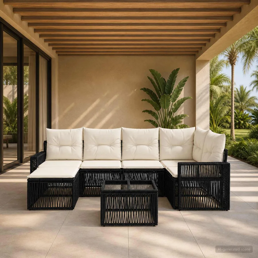 Ensemble de canapé de jardin 7 pcs Noir et blanc crème