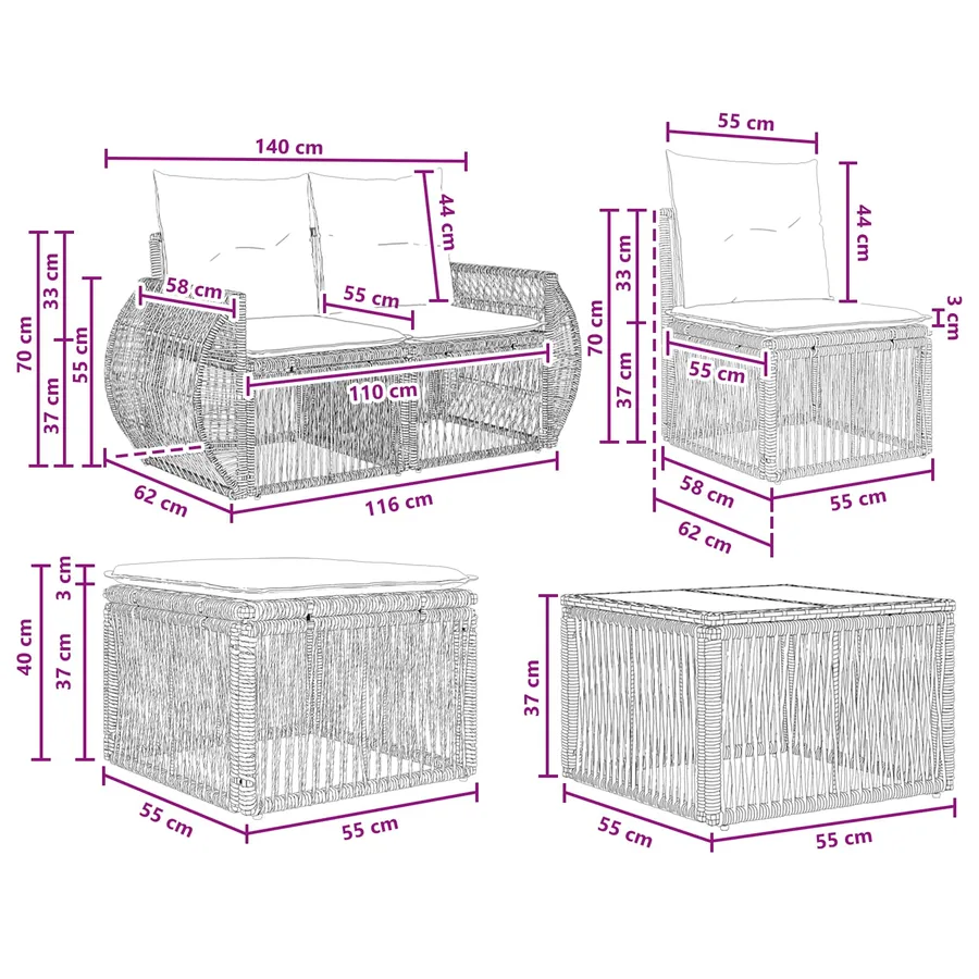 Ensemble de canapé de jardin 5 pcs Noir et blanc crème - 10