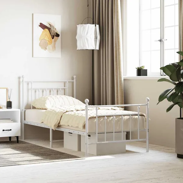 Cadre de lit métal sans matelas avec pied de lit blanc 90x190cm