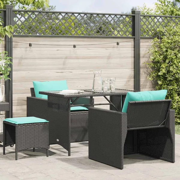 Salon de jardin 4 pcs avec coussins noir résine tressée