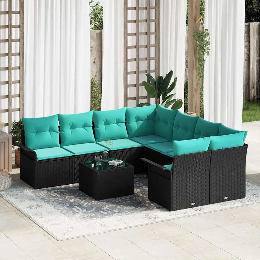 Ensemble de canapé de jardin avec coussin 9 pcs Noir polyrotin