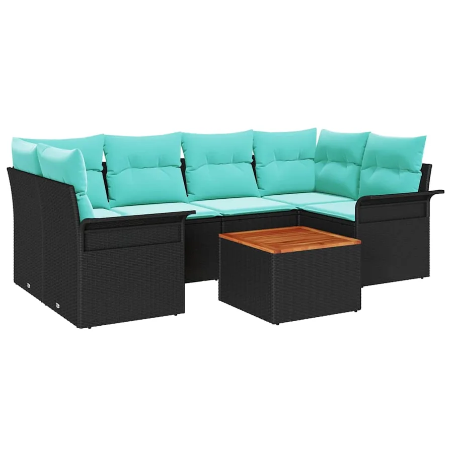 Ensemble de canapé de jardin 7 pcs Noir et turquoise polyrotin - 2