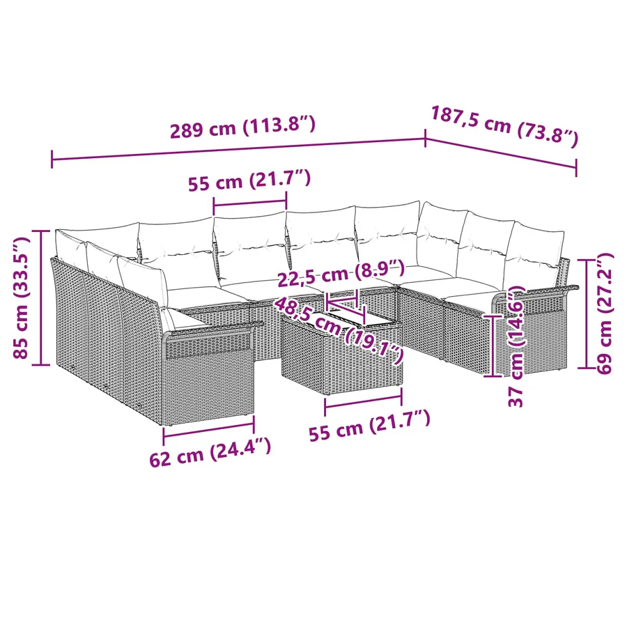 Ensemble de canapé de jardin 10 pcs Noir Poly rotin - 17