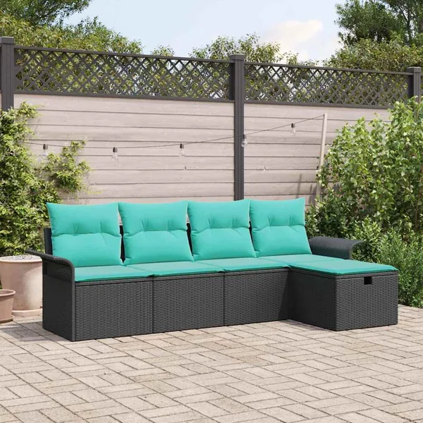 Ensemble de canapé de jardin 5 pcs Noir et turquoise polyrotin
