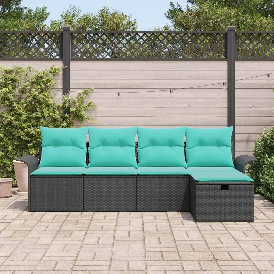 Ensemble de canapé de jardin 5 pcs Noir et turquoise polyrotin - 3