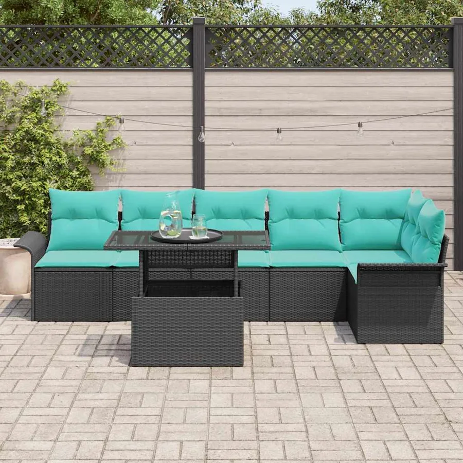Ensemble de canapé de jardin avec coussin 7 pcs Noir Poly rotin - 3