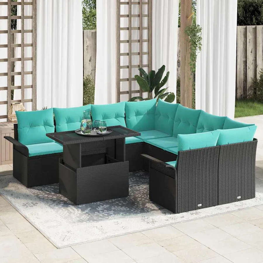 Ensemble de canapé de jardin 9 pcs Noir Poly Rattan