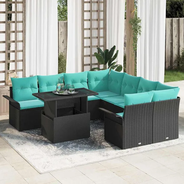 Ensemble de canapé de jardin 9 pcs Noir Poly Rattan