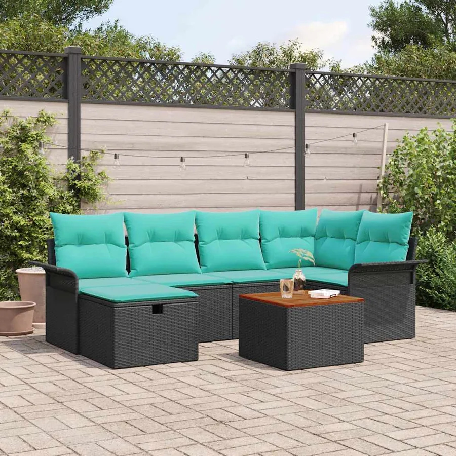Ensemble de canapé de jardin avec coussin 7 pcs Noir Poly rotin
