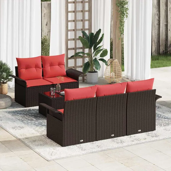 Ensemble de canapé de jardin 6 pcs Beige et Rouge polyrotin