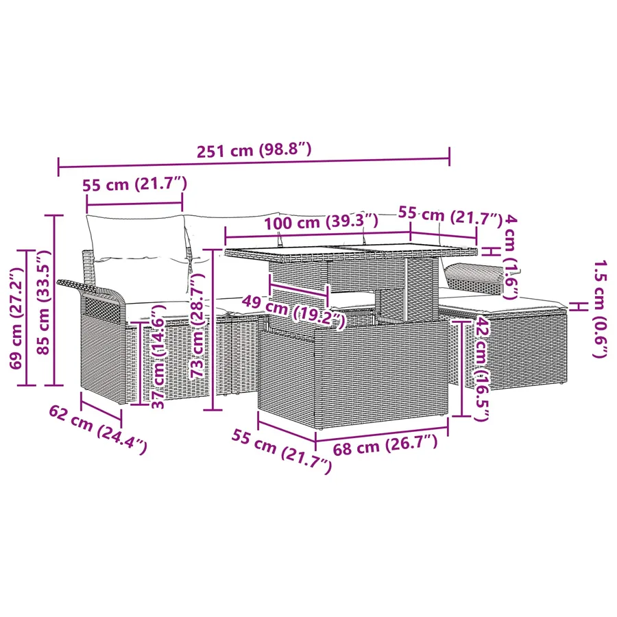 Ensemble de canapé de jardin 6 pcs Marron Poly rotin - 15