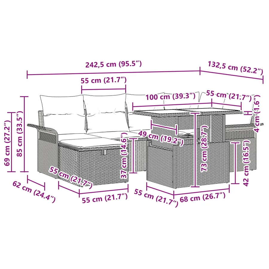 Ensemble de canapé de jardin 7 pcs Marron Poly rotin - 17